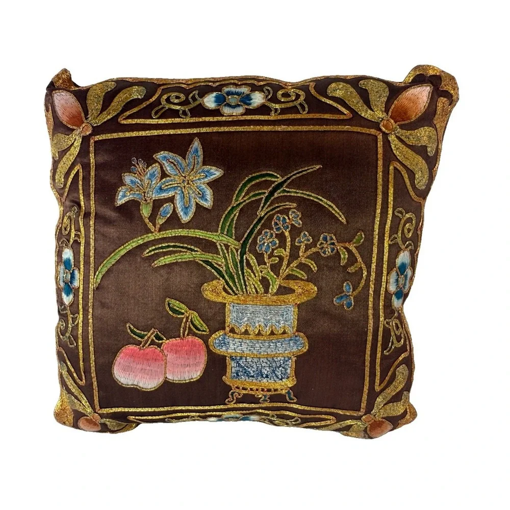 Vintage Silk Chinoiserie Pillow Gold Bullion Metallic Embroidered Flower Vase